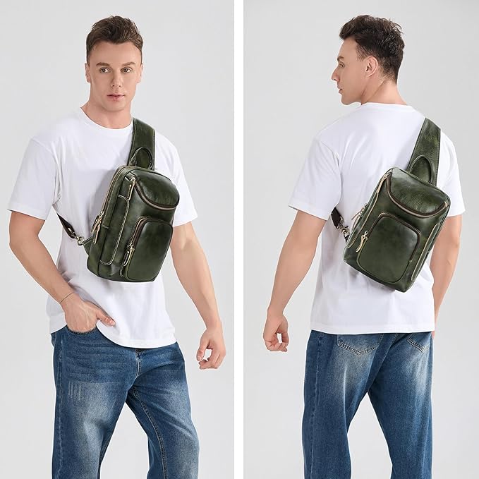 LANNSYNE Full Grain Leather Sling Bag For Men, Crossbody Chest Daypack Fits 10.5" iPad, Men’s Crossbody Bag