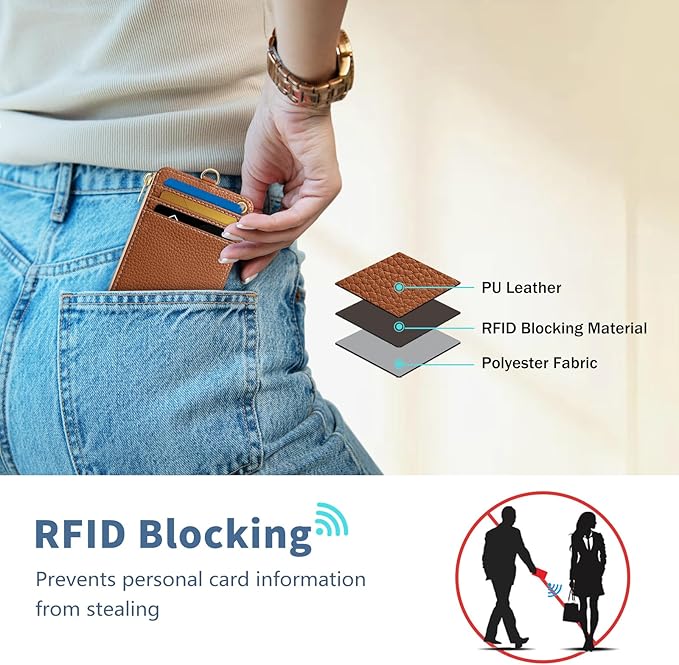 Lanyard Wallet with Id Badge Holder, Brown RFID Small Keychain Wallet Women Wristlet, Minimalist Zipper Credit Card Holder Phone Wrist Neck Strap for Key Name Tag, Teacher Student Office Gift