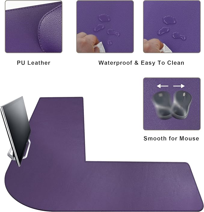 Mydours L-Shape Desk Pad, 54" L x 54" L x 16" W Mega PU Leather Corner Computer Keyboard Desk Mat Blotter, XXL Large Gaming Mouse Pad for Home and Office Desktop (Purple)