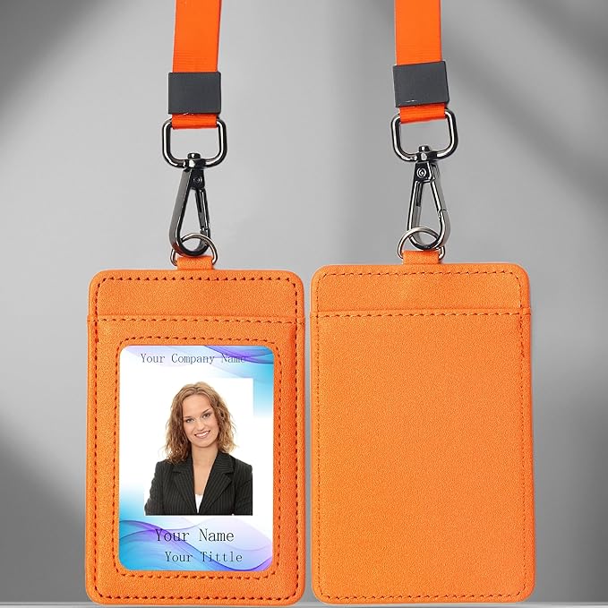 Leather Badge Holder with Adjustable Lanyards,Swivel Metal Clasp for Offices, Staff, Students, Employees (Orange)