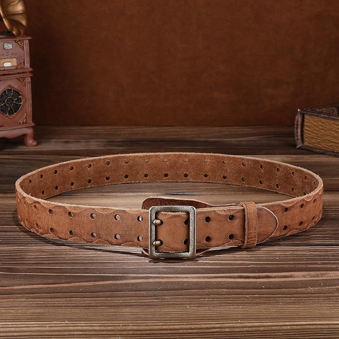 Handcrafted Vintage Style Leather Belt, Brown Full-Grain Leather, Brass Buckle, Double Stitched Design, Casual Wear