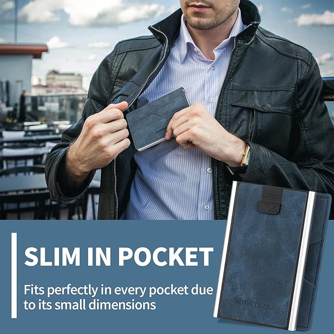 Mens slim Wallet,with RFID Shielding, Holds 9 Cards Easily, card wallet for Men, Minimalist Wallet For Men, Made of aluminum and Pu Synthetic Leather, Includes Cash clip (Blue)