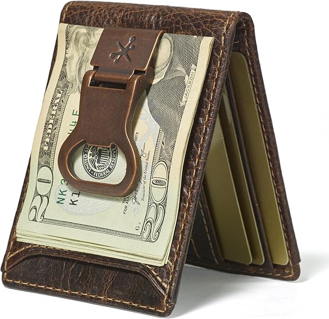 House of Jack Co. Bottle Opener Bifold Money Clip Wallet for Men, Slim Front Pocket Card Holder with Exterior ID Window, Full Grain Cowhide Leather, Brown