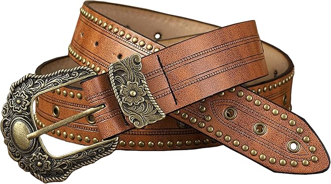Mealah Vintage Western-Cowboy-Belt for Women Men - Carved Buckle PU Leather Waist Belts (for Waist 28"-38")