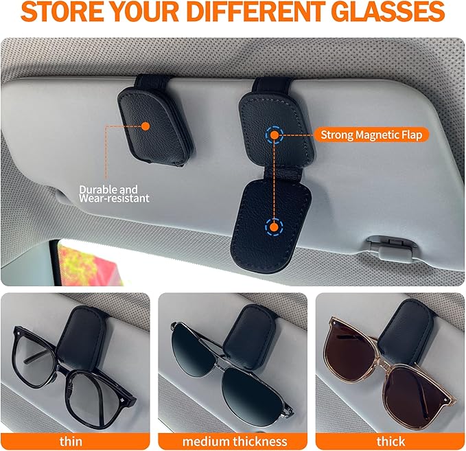 Shering Sunglasses Holders for Car Sun Visor, 2pack Magnetic Leather Glasses Eyeglass Hanger Clip for Car, Ticket Business Card Clip Eyeglasses Mount Car Visor Accessories (Grey)