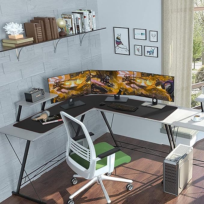 ZORESYN L-Shaped Gaming Desk Mat Mouse pad, Computer Corner Desk Pad, 55" Home Office Writing Desk Pad Protector, Large Waterproof PU Leather Corner Mousepad - Black, (140+137) x40cm