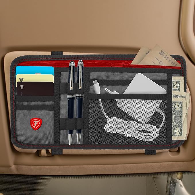 Firestone 1-Pack Car Sun Visor Organizer, Auto Visor Organizer & Car Storage Organizer | 8 Compartment Truck Visor Organizer with Holder & Slots for Sunglasses, License, Registration & More, Charcoal