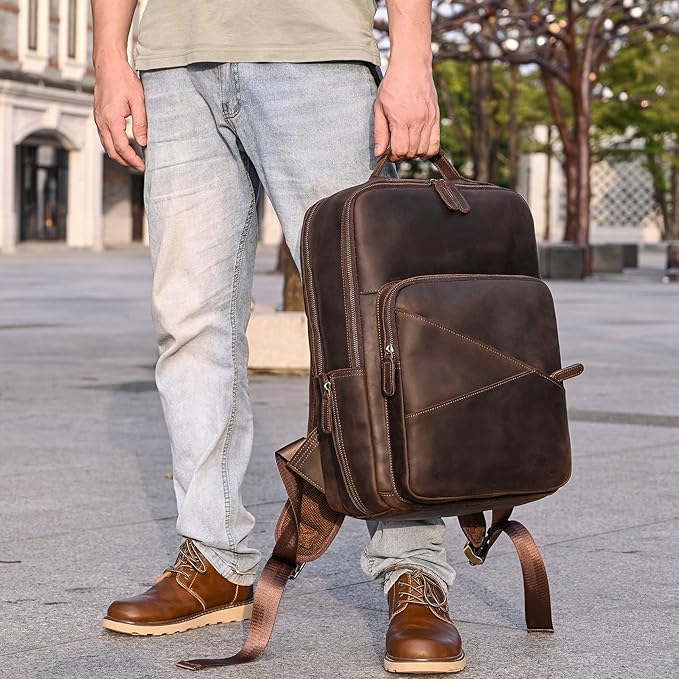 Vintage Full Grain Leather Backpack for Men, 16" Laptop Rucksack For Men Hiking Trave Work Business Bag, Dark Brown