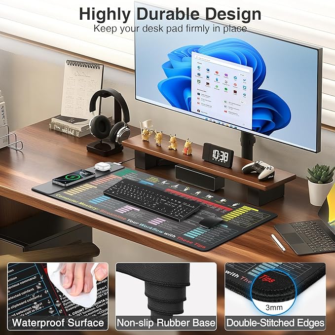 Excel Cheat Sheet Mouse Pad with Magnetic Wireless Charger, 31.5"x15.8" Extended Excel Shortcuts Desk Pad, Waterproof Ultra-Smooth Keyboard Mat, Non-Slip Base