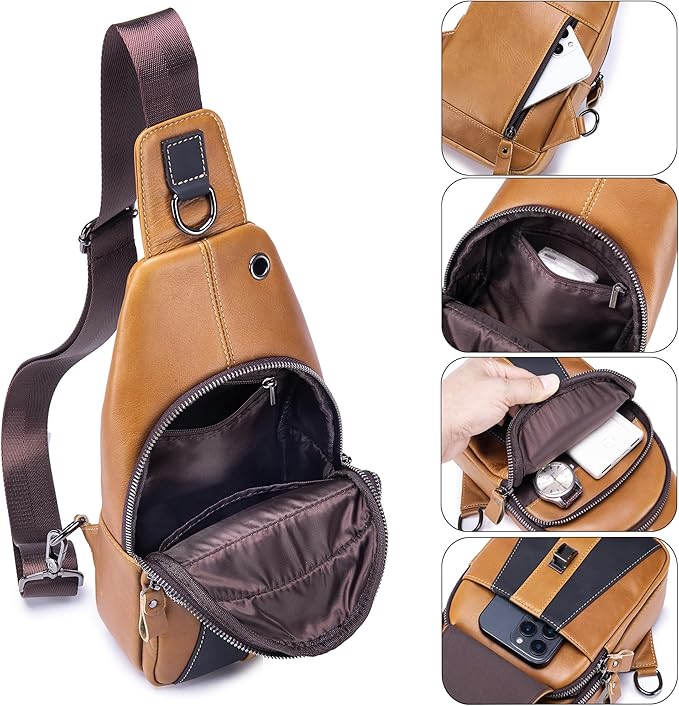 LUKZIJAES Genuine Leather Sling Bag for Men Vintage Crossbody Bag Men Chest Pack Mens Cross Shoulder Bags Hiking Daypacks Travel Backpack (#2-Brown)