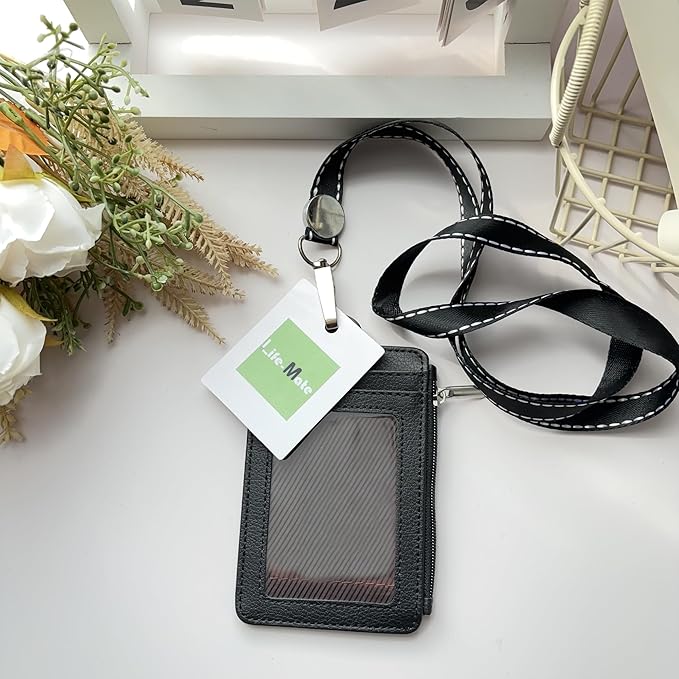 Badge Holder with Zipper, Life-Mate PU Leather ID Badge Card Holder Wallet Case with 5 Card Slots Zipper Pocket 19" Polyester Neck Lanyard Heavy Duty Metal Retractable Badge Reel (Black)
