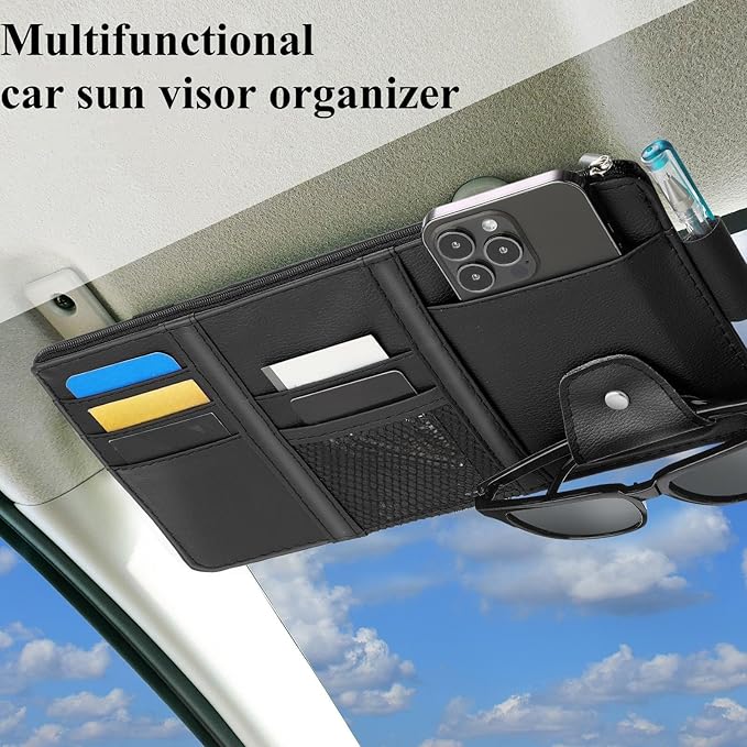 Boao 2 Packs Car Sun Visor Organizer, Sunglasses Holders for Car Sun Visor PU Auto Interior Accessories Storage Travel Document Holder with Multi Pocket (Black, Gray, 12.2 x 6.1 Inches)