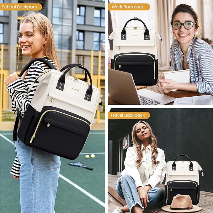 LOVEVOOK Leather Backpacks for Women,15.6 inch Leather Laptop Backpack Women,Professional Work Backpack Nurse College Teacher Bag,Womens Laptop Bag Computer Travel Backpacks Purse,Beige White-Black