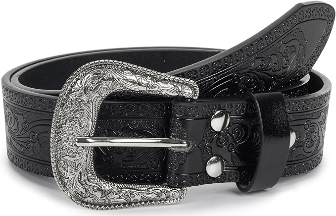 Mealah Vintage Western-Cowboy-Belt for Women Men - Carved Buckle PU Leather Waist Belts (for Waist 28"-38")