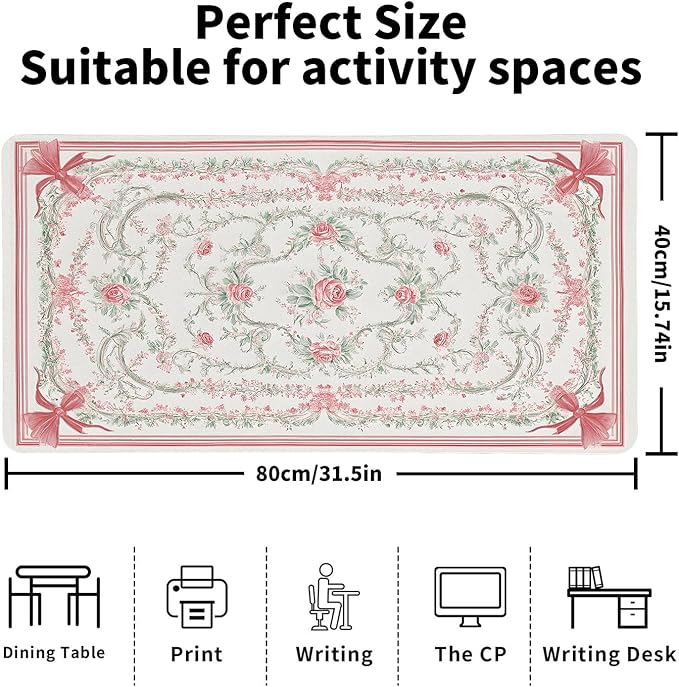 Vintage Floral Desk Mat for Women, Large PU Leather Desk Pad with Non-Slip Base, Elegant Office Keyboard Cover an Elegant and Thoughtful Gift for Women(31.5 * 15.75in)