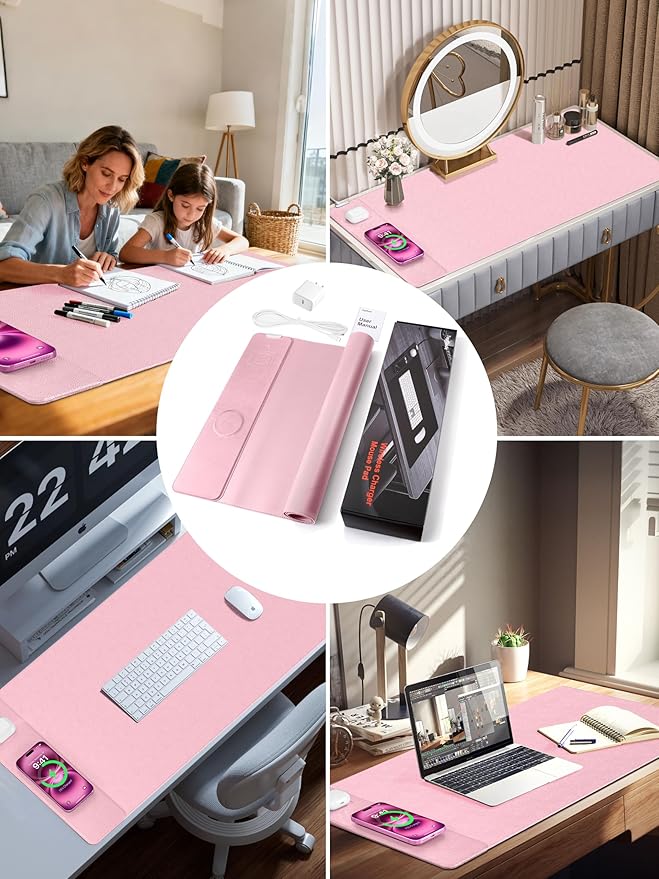 TopMade Mouse Pad with 15W Wireless Charging, XXL Large Leather Desk Mat, Waterproof Gaming Mousepad Home Office Desk Pad Protector, Pink (Includes 20W PD Power Adapter & 6.56ft Woven Cable)