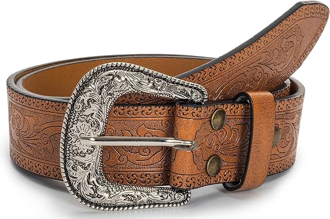 INOGIH Adjustable-Vintage-Western-Cowboy-Belt Women Men - Cowboy-Style Engraved-Buckle Belt for Jeans Pants Dresses