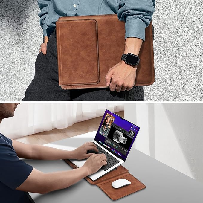 Fintie Sleeve Case for MacBook Air 13.6 A3449 A3240 A3113 A2681, Pro 14 A3427 A3426 A3434 A3401 A3185 A3112 A2992 A2918 A2779 A2442, MacBook Pro/Air/Neo 13 - Slim Bag Cover with Stand, Brown