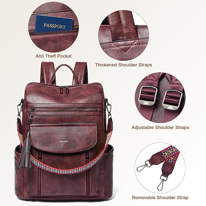 Shrrie Laptop Backpack for Women 15.6 inch,Travel Leather Backpack Purse Nurse Teacher Carry on Backpack Computer Bag,Professional Water-Resistant College Business Work Casual Daypack,Two-tone Maroon