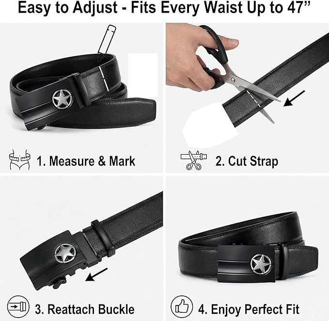 JINIU Men's Ratchet Belt Buckle, Black Genuine Leather Slide Belt for Men Dress Suit, Micro Adjustable Trim to Fit Boxed