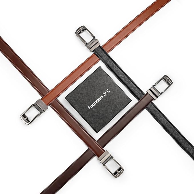 Founders & C Mens Ratchet Belt Leather Click 1 1/4" with Slide Buckle, Casual Dress Belt Adjustable