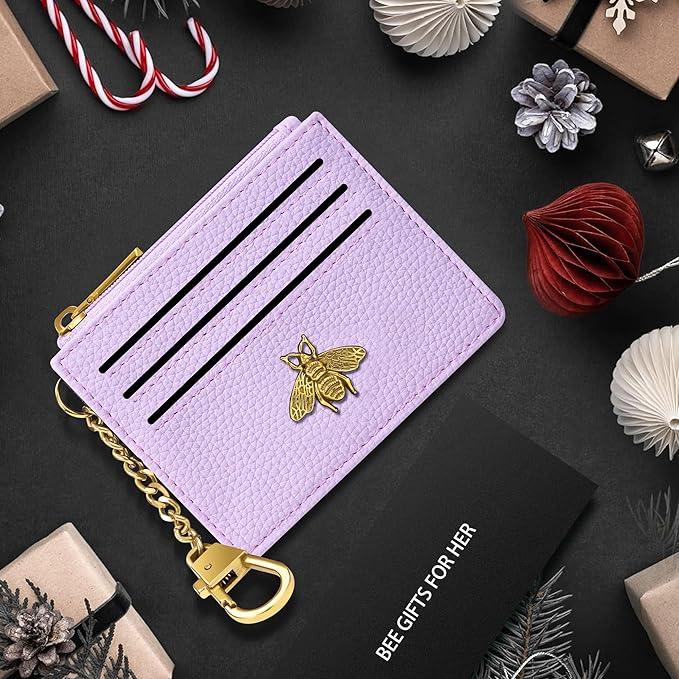 SEAVILIA Card Holder Keychain Wallet for Women with ID Window RFID Blocking Coin Purse Bee Gifts Slim Minimalist Small PU Leather