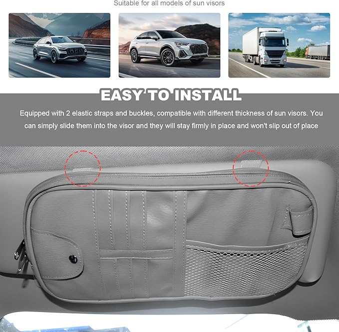 Car Sun Visor Organizer, Multi-Purpose Visor Storage Holder with Elastic Bands & Glasses Clip, Multi-Pocket Sunshade Organizer Soft Leather Storage Pouch for Car Truck SUV (Gray)