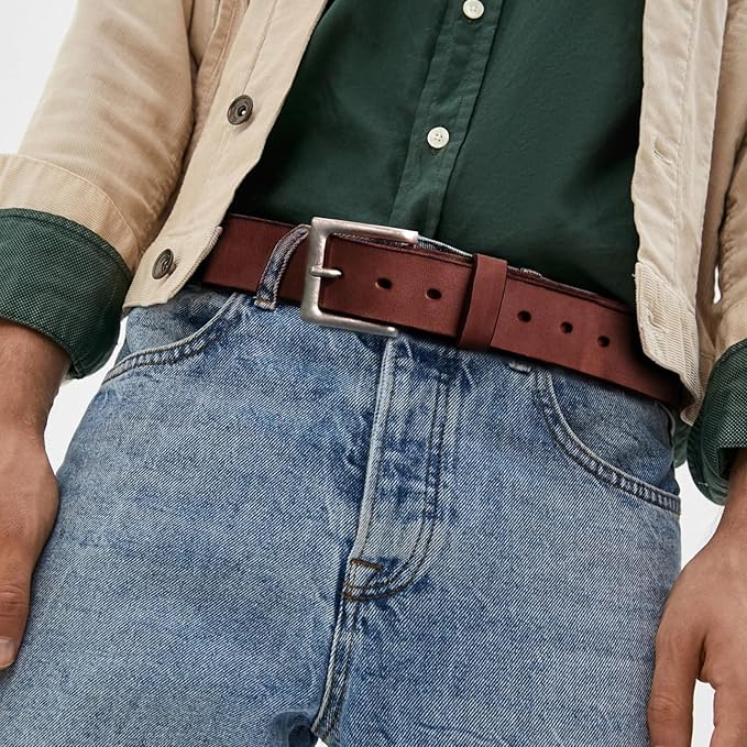 NPET Mens Leather Belt Full Grain Vintage Distressed Style Snap on Strap 1 1/2" Wide with Buckle