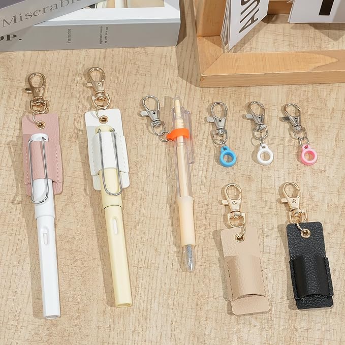 8 PCS Portable Pen Holder Set, 4 Leather Lanyard Pen Holders and 4 Retractable Silicone Pen Clips for Badge Reels, Notebooks and Lanyards - Ideal for Nurses, Teachers and Office