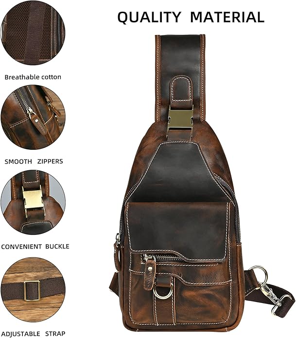 Thick Crazy horse Leather Triangle Crossbody Sling Chest Bag Travel One Shoulder Bag Daypack For Men Male 3028