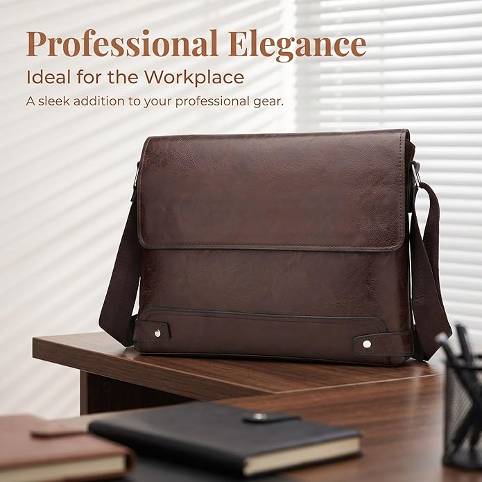 Vintage PU Leather Mens Messenger Bag - Slim Crossbody Shoulder Bag for Work, Travel & Daily Commute Casual Tablet Satchel