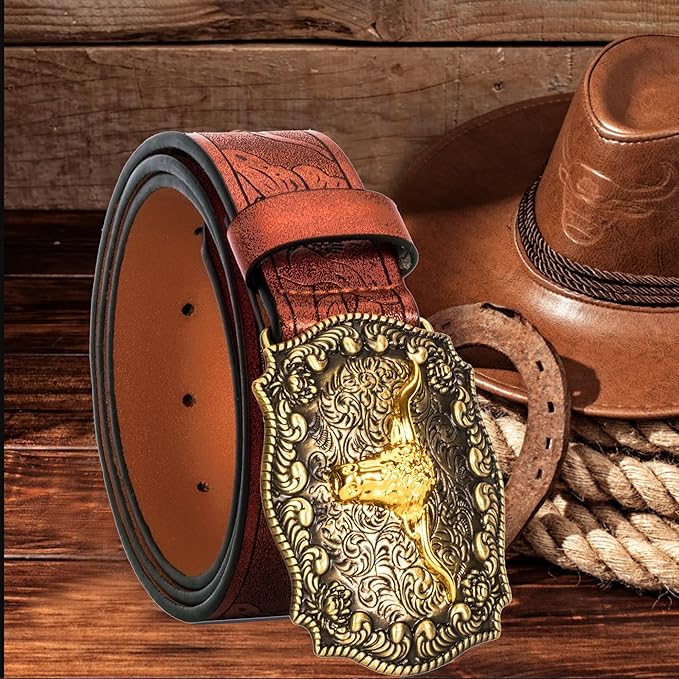 Western Cowboy-Belts for Men Big-Buckle Longhorn-Bull PU-Leather Rodeo Cowgirl-Belt Engraved Floral - Waist 25-38"