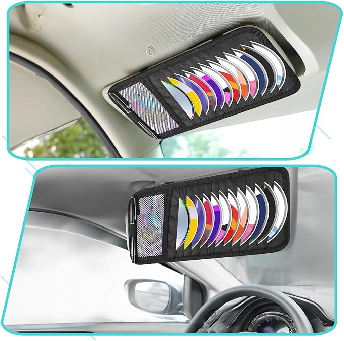 Trinkrittey Car CD Case Holder, Vehicle Sun Visor Organizer DVD Vehicle Visor Storage Organizer with 12 DVD Storage Sleeves, 1 Mesh Pocket, 1 Pen Holder and Elastic Strap
