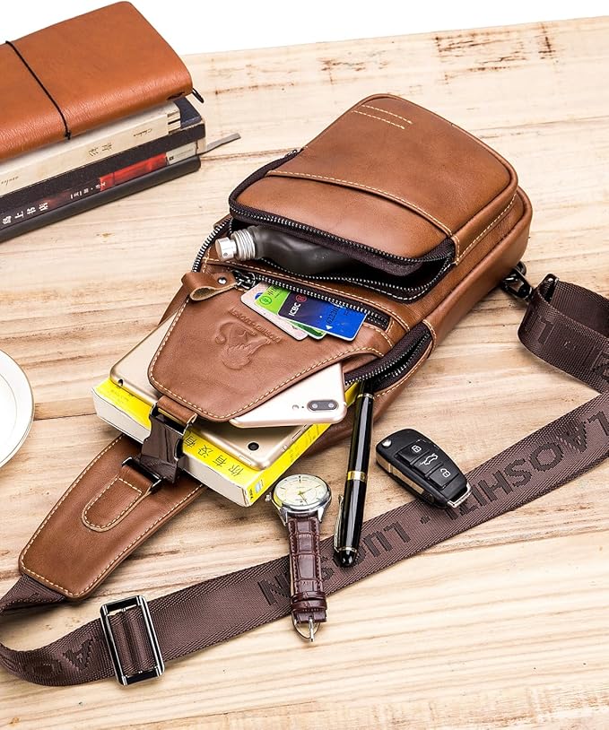 pundarika Leather Sling Bag for Men - Crossbody, Casual Shoulder Bag. Multi-Functional Chest Bag, Travel & Hiking Backpack - Brown
