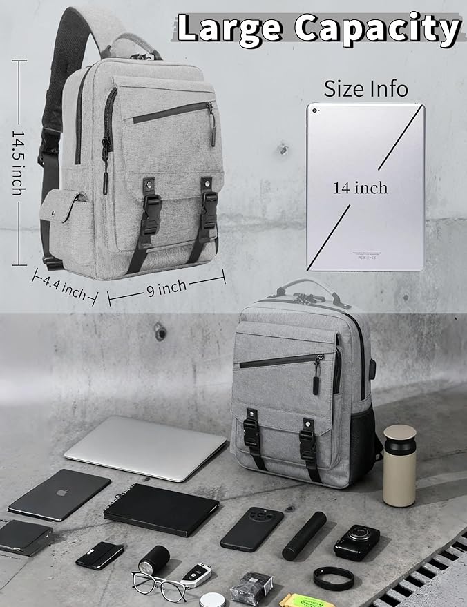 BASICPOWER Laptop Sling Bag for Men Women, Sling Backpack Crossbody Bag Fits 14 inch Computer with USB Port Anti-theft