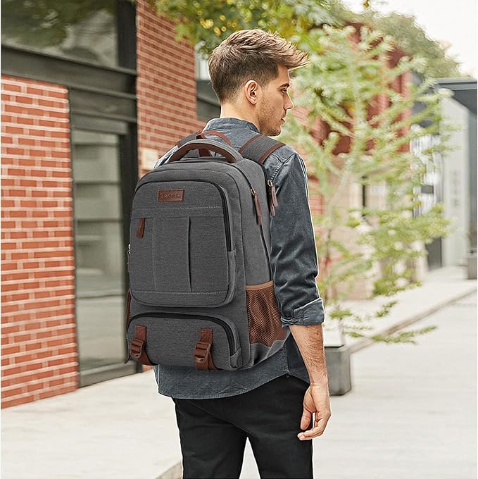 Tzowla Canvas Laptop Backpack, Bag for Men Women,Travel Work Rucksack Fits 17.3 Inch Laptop, Large Capacity Bookbag(Dark Grey)
