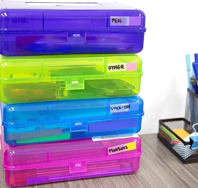 BAZIC PRODUCTS Plastic Pencil Case, Ruler Length Utility Storage Box, Multi Purpose Organizer & Supply Holder, Transparent Box Design, Assorted Color, Ideal for School, Office & Craft Use, 4-Pack