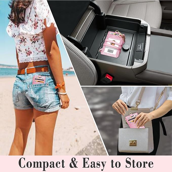 ID Badge Holder with Lanyard, Vertical Bling Shiny ID Badge Card Holder with 1 Clear ID Window, 4 Credit Card Slots, 1 Cash Coin Slot and a Detachable Neck Lanyard (Bling Pink)