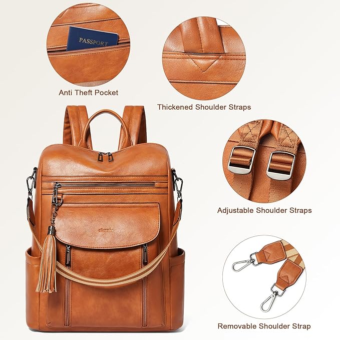Shrrie Laptop Backpack for Women 15.6 inch,Travel Leather Backpack Purse Nurse Teacher Carry on Backpack Computer Bag,Professional Water-Resistant College Business Work Casual Daypack,Brown