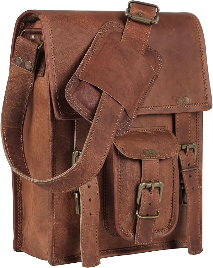Leather crossbody bag messenger satchel tablet bag 11 inches for men and women (Brown)