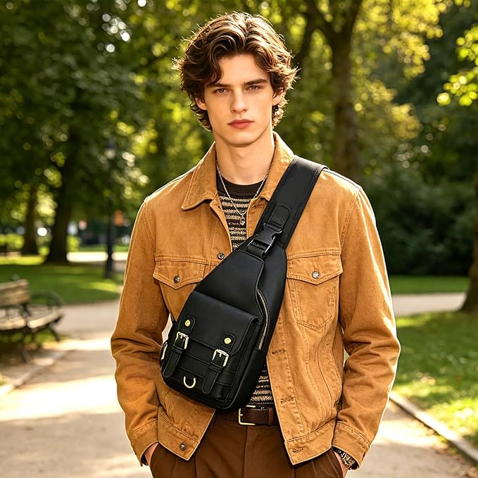 Genuine Leather Hiking Travel DayPack Sling Crossbody Triangle Chest Pack Bag For Men Women 8241 (Dark Black 258204)