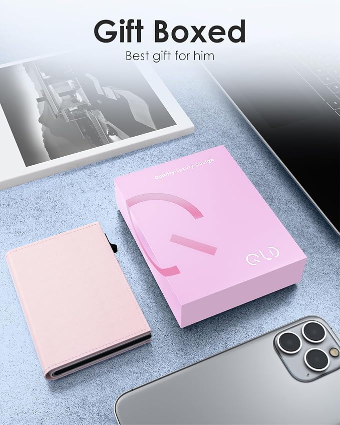 QLD RFID Wallet Women - Small Slim Trifold Wallet Anti-Theft Pop up Card Holder, Minimalist, Ultra Thin, Front Pocket, Premium Leather, 9-11 Cards Capacity | ID Window | Cash Slot