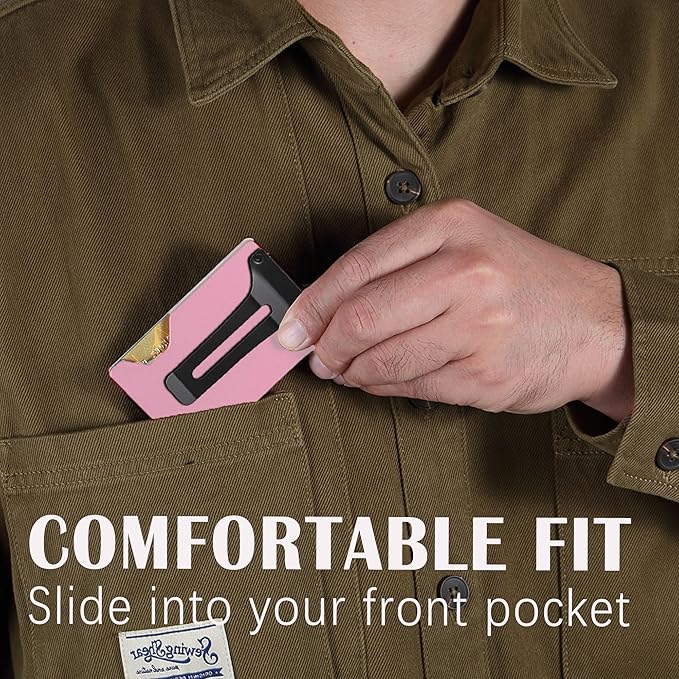 Minimalist Slim Wallet for Men,RFID Blocking Metal Wallet,Aluminum Credit Card Holder & Money Clip 12-15 Cards,Slim Rfid Front Pocket Mens Wallet.Matte Pink