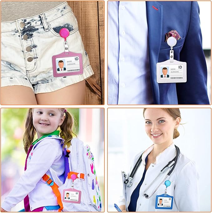 Tenare 12 Sets Retractable Badge Reels Multicolor Name ID Card Holder PU Leather Business Badge Holder Decorative with Clip for Students, Teachers, Nurses, Doctors