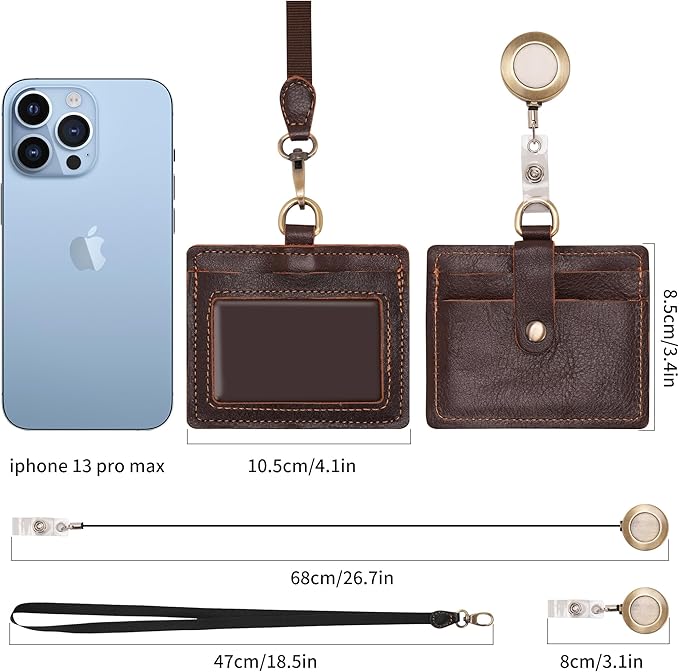 Wonderpool Leather Horizontal Badge Holder with Detachable Neck Lanyard and Retractable Badge Reel Clip, Card Slots Case ID Card Holder for ID Badges Card and Driver Licence (Coffee)