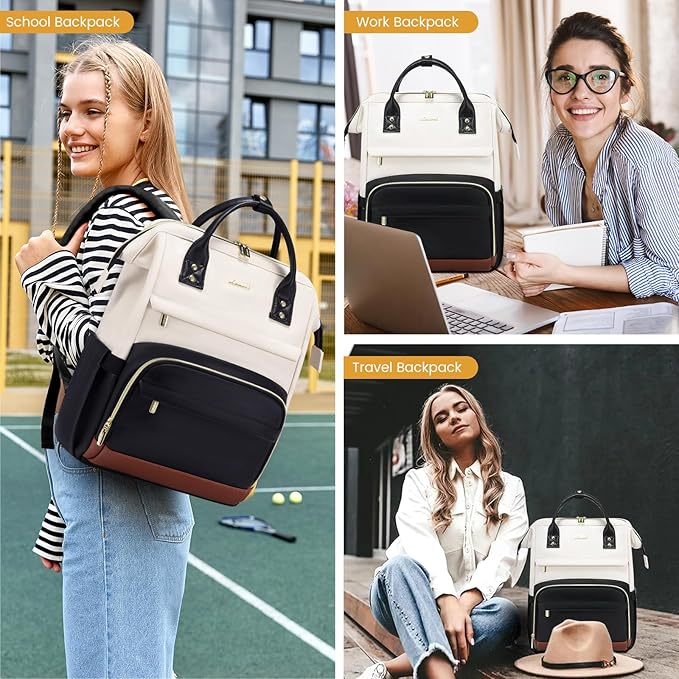 LOVEVOOK Leather Backpack for Women,18 inch Leather Laptop Backpacks Women,Professional Work Backpacks Nurse College Teacher Bag,Womens Laptop Tote Bag Computer Travel Backpack,Beige White-Black-Brown