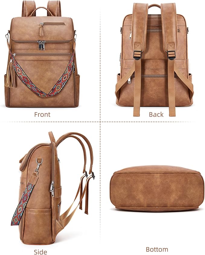 SYTRAH Leather Laptop Backpack for Women Designer Laptop Bag, 16.5 inch Travel Computer Backpacks Purse with Tassel for Work Business with Satchel Purse Brown
