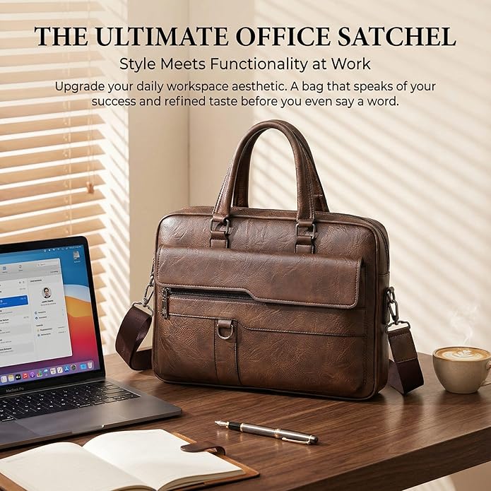 Men's Leather Laptop Bag 15 IN, Water-Resistant Briefcase Messenger Bag for Work, Business, Shoulder Crossbody Office Satchel