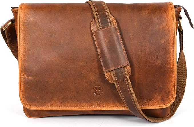 16" Crossbody Bag Leather Laptop Messenger Bag For Men with trolley sleeve for school office (Caramel)