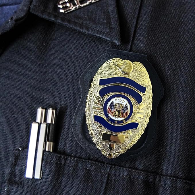 Police Badge Holder Made of Cowhide Universal Black with Leather Belt Buckle Hook Buckle and Stainless Steel Bead Chain Law Enforcement Officer Gifts Polygonal